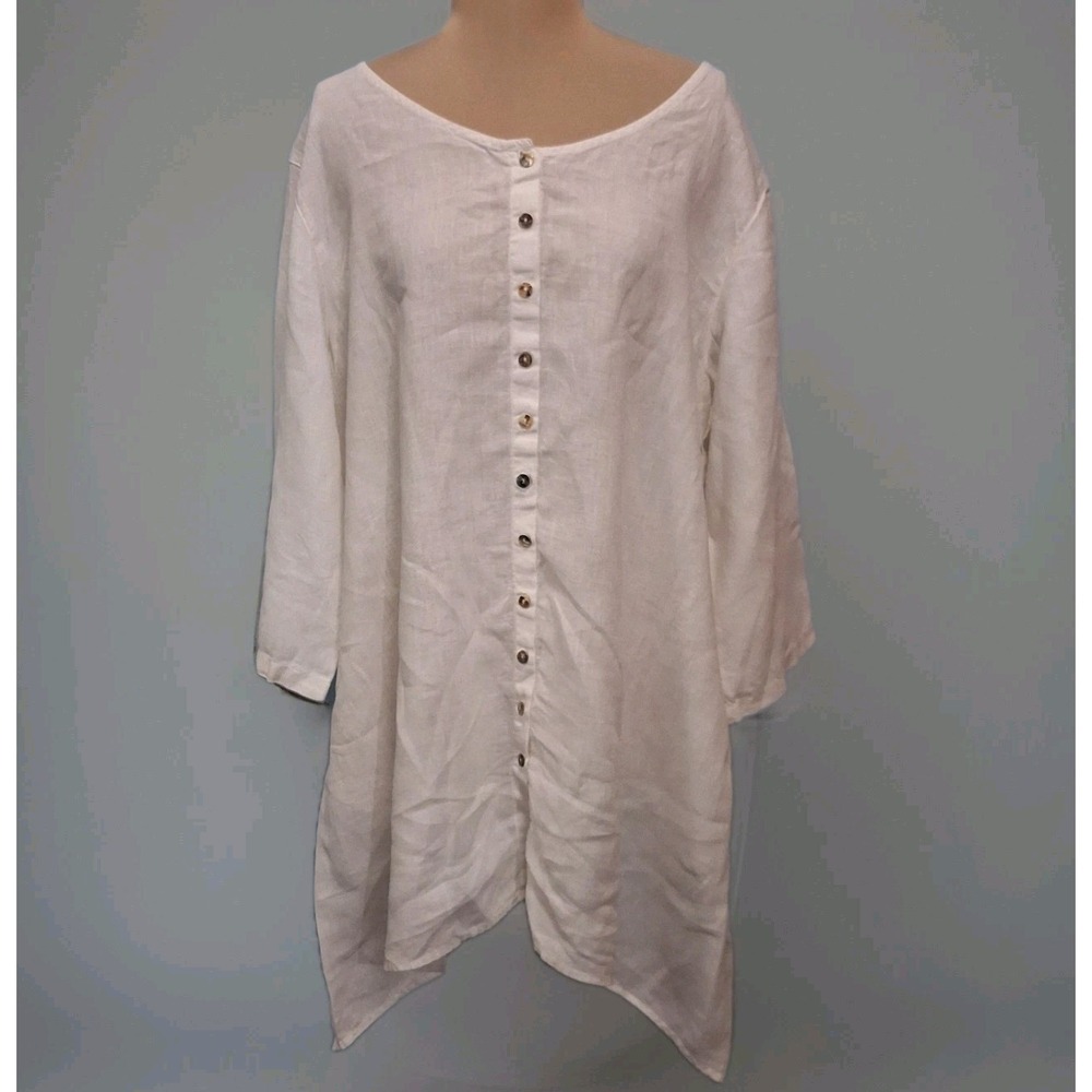 Click Color Me Cotton Beachy White Linen Tunic Button Pockets Drip Sides XXL